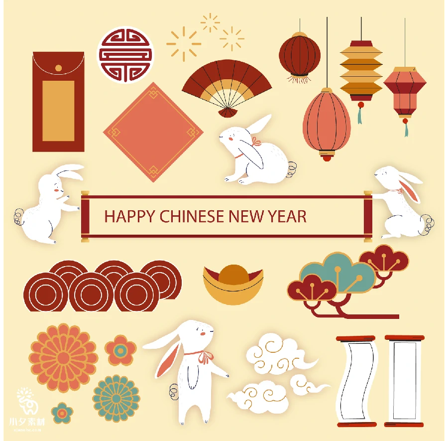 中国风2023年兔年新年春节喜庆拜年图案插画海报AI矢量设计素材【005】